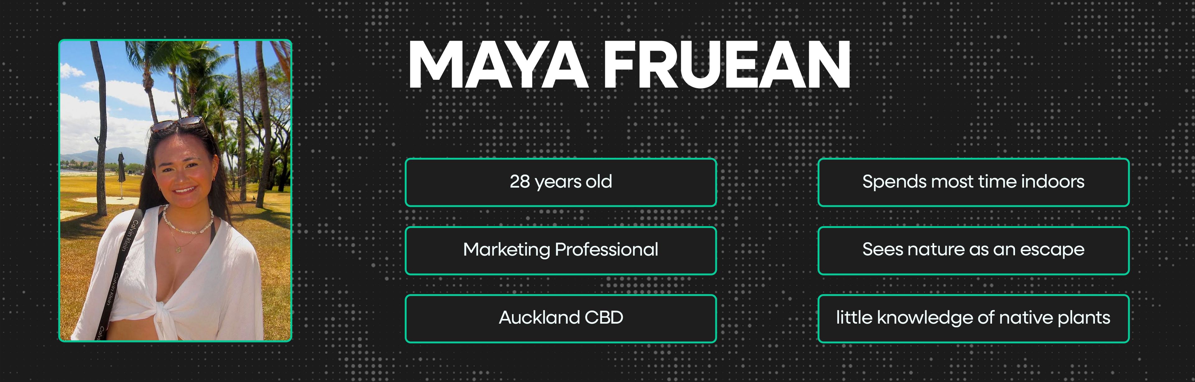 Target audience persona — Maya Fruean, 28, Marketing Professional, Auckland CBD