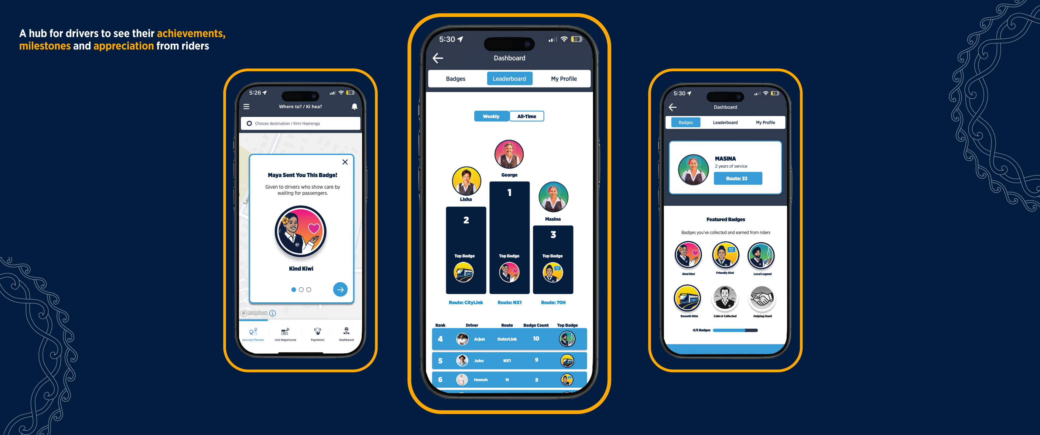 Driver app — badge notifications, profile management, recognition progress