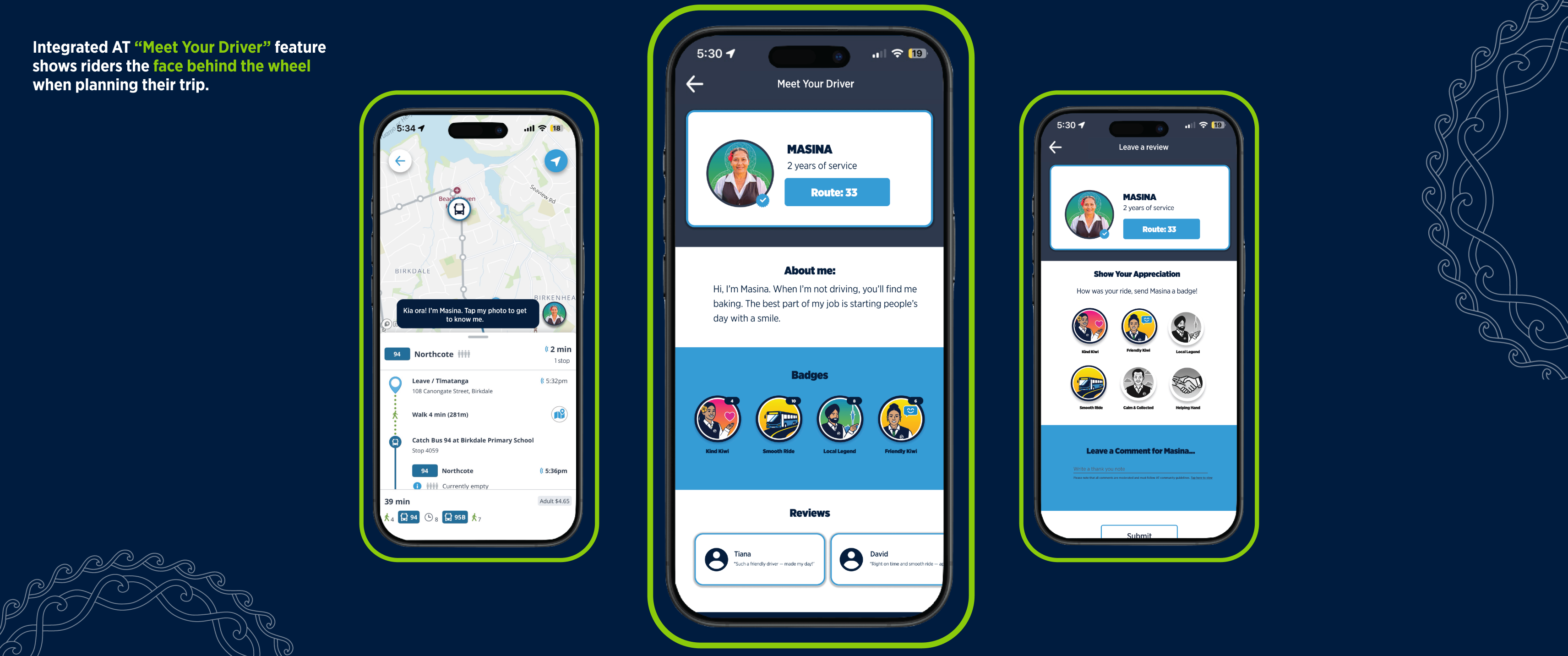 Rider app — Meet Your Driver, Send a Badge, Leave a Comment